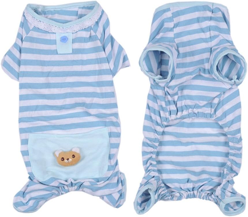Soft Cotton Pet Dog Pajamas Strip Jumpsuit Cute Dog Cat Clothes Apparel for Summer Cool Weather (XL, Blue Strip) - Image 3