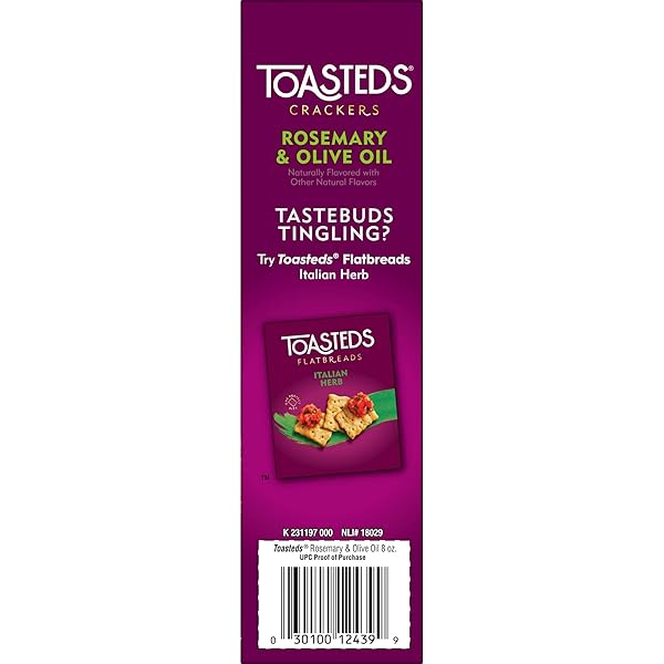 TOASTEDS CRACKERS, PARTY SNACKS, LUNCH SNACKS, ROSEMARY AND OLIVE OIL, 8OZ BOX (1 BOX)