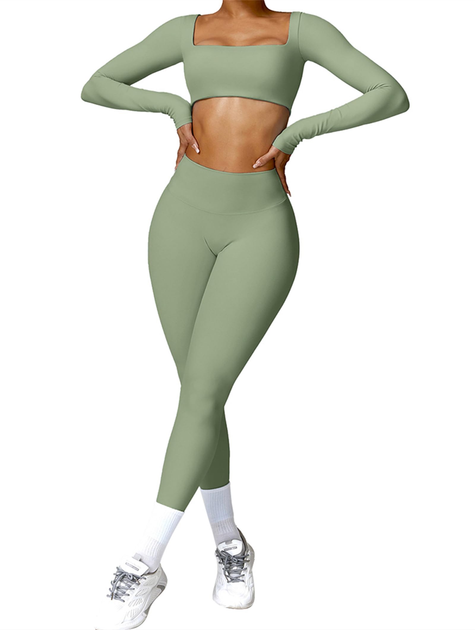Photo 1 of **MINOR DAMAGE - USED**
ABOCIW Workout Sets for Women 2 Piece Long Sleeve Square Neck Crop Top Scrunch Butt Lifting High Waist Leggings Gym Sets Z-Green Medium
