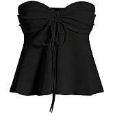 Milumia Women Tie Front Ruched Tube Top Summer Strapless Flared Hem Peplum Bandeau Tops