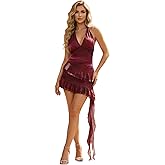 Verdusa Women's Summer Y2k Halter Mini Dress Mesh Backless Floral Ruffle Wedding Guest Dresses