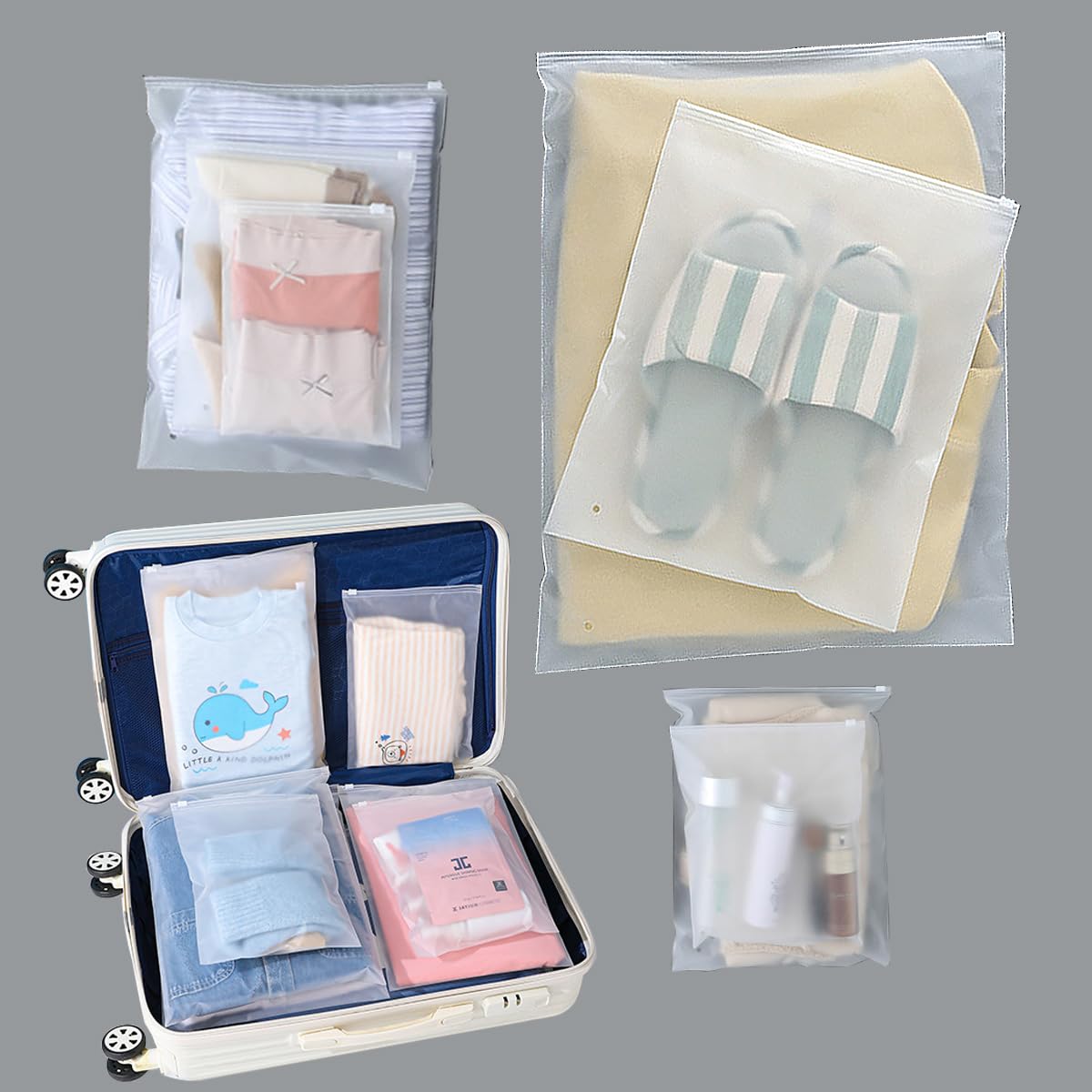 Photo 1 of (20 pcs, 4 Sizes) Travel Luggage Organizer Bags, 4 Mil Slider Zip Plastic Clothing Packaging Bags, Travel/Home Storage and organizing pouches, Space Saver Bag (6''x9''-14‘’x18'')