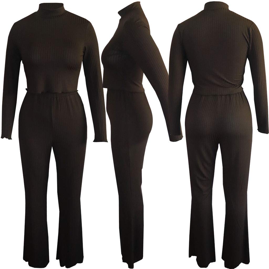 2 Piece Outfits for Women Clubwear - Elegant Slim Long Sleeve Crop Top + High Waist Wide Leg Long Pants Medium Black