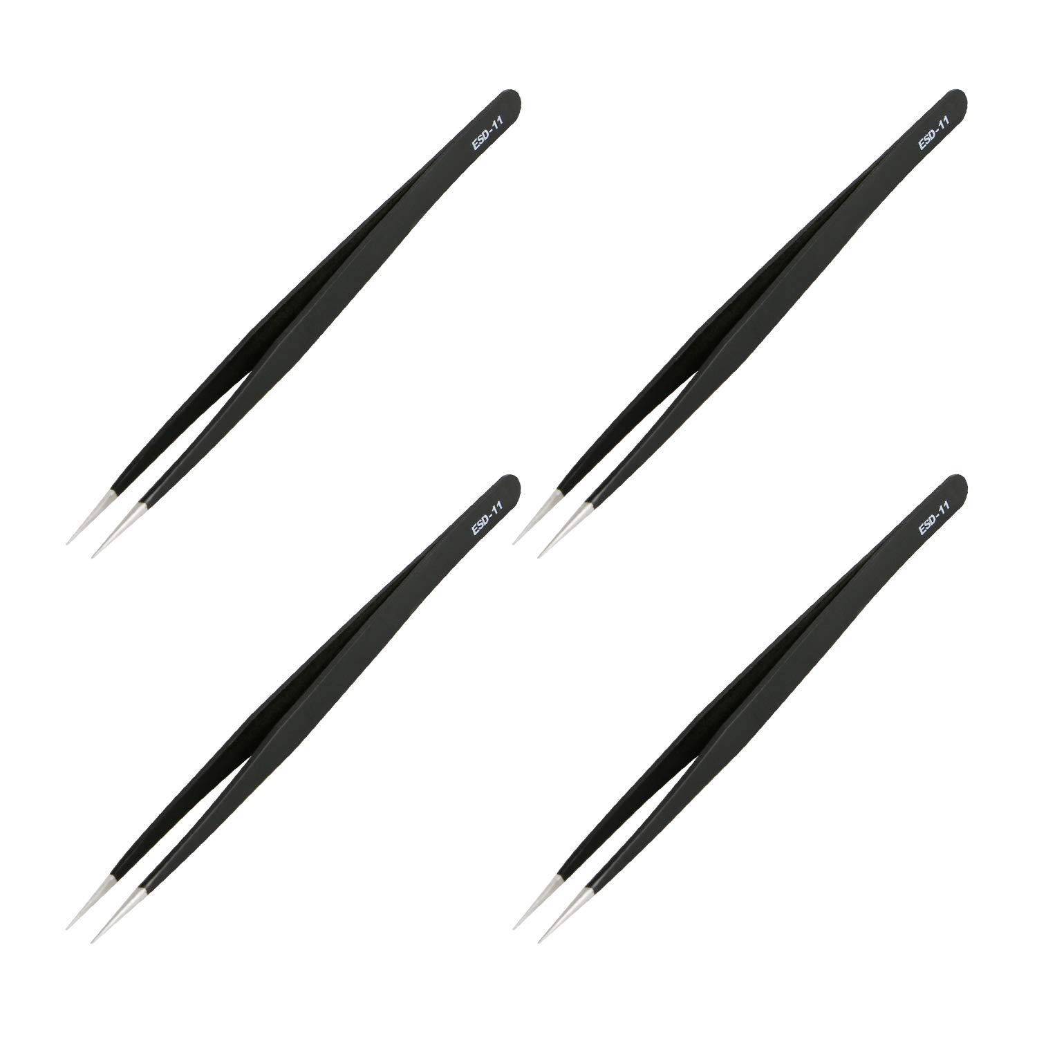 Aoje-Link ESD-11 Professional Anti-Static Technology Tweezers, Non-Magnetic Fine Tip Straight, Stainless Steel Plastic Coated, Full Length 142mm, Black, 4pcs