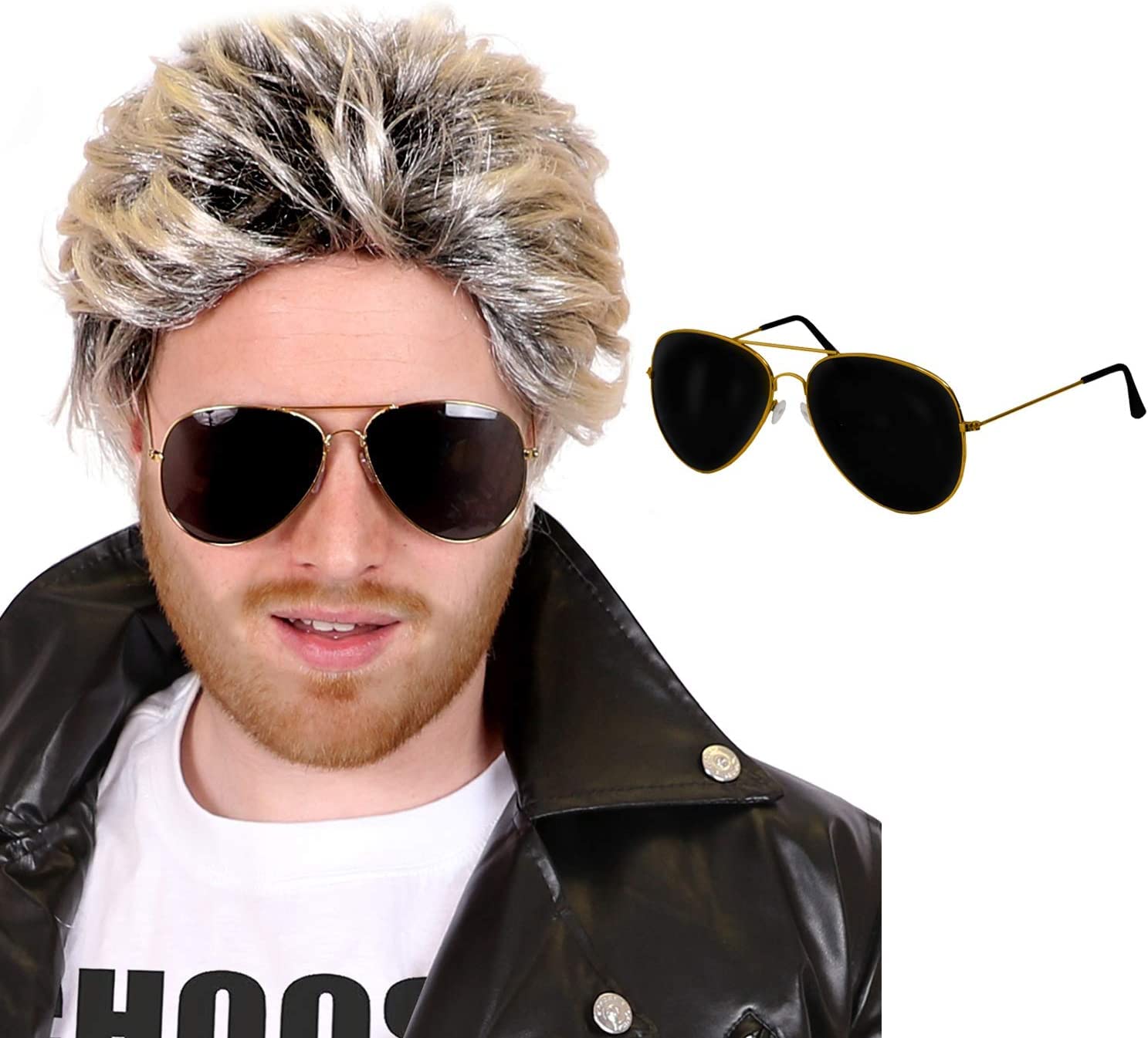 Mens 80s Pop Icon Wig + Aviator Sunglasses - 1980s Fancy Dress Pop Star Wig Blonde Brown Funky Hairstyle Wig + Aviator Shades - Pack of 1