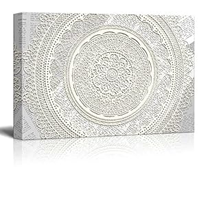 Canvas Wll Art - White Round Lace Pattern on Vintage Newspaper Background - Giclee Print and Stretched Ready to Hang - 12"x18"