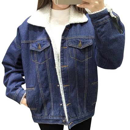 Jeansjacke Damen mit Fell Denim Lamm-Plüsch Jacket Trucker Jacke Mantel Übergangsjacke Outwear