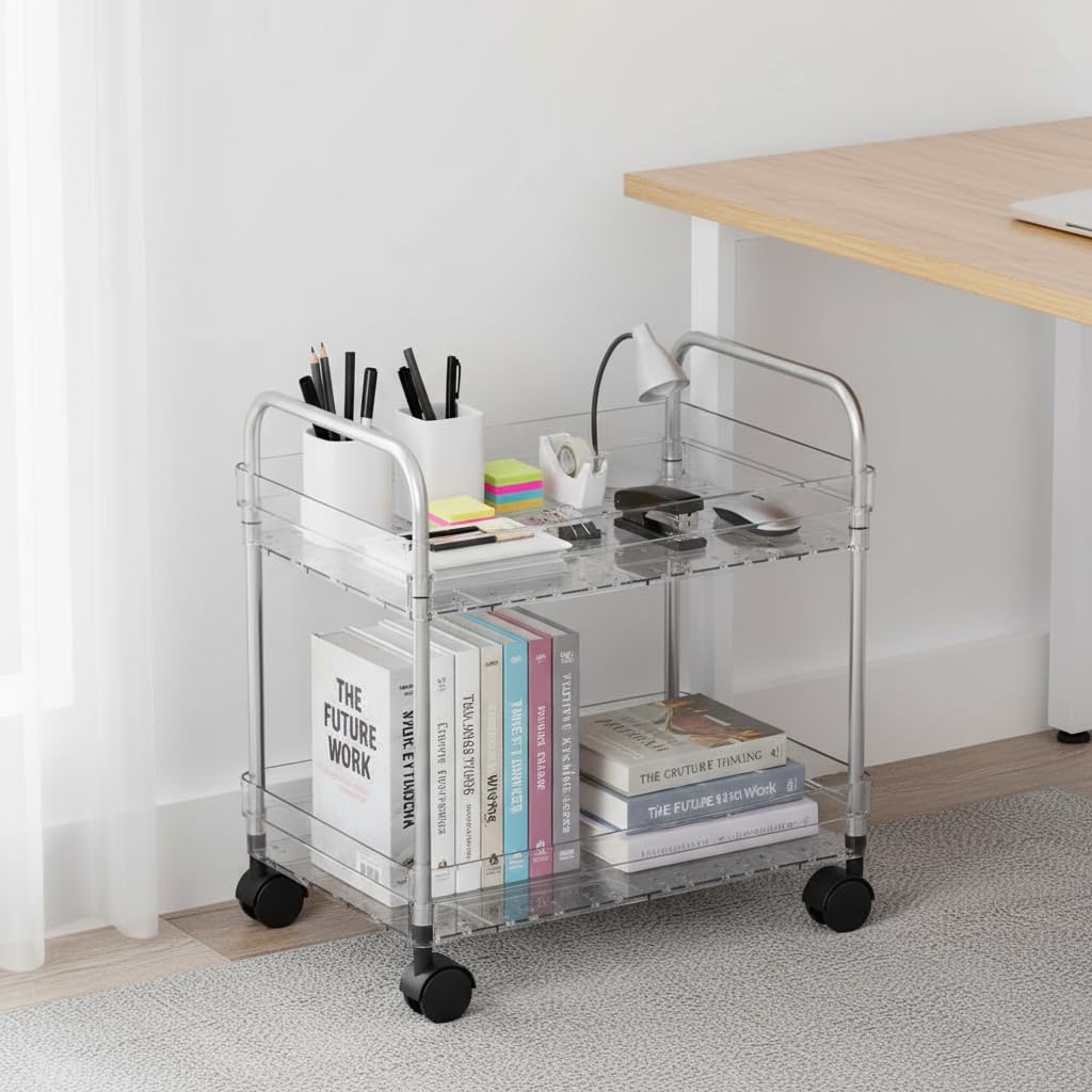 Photo 1 of 2 Tier Utility Rolling Cart with Wheels Multifunctional Storage Cart Under Desk Storage Organizer with Handle and Hooks for Home Kitchen Office Bathroom Organization Transparent