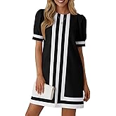 Wenrine Womens Puff Short Sleeve Mini Dress Summer Crewneck Striped Color Block Loose Casual Shift Dresses with Pockets