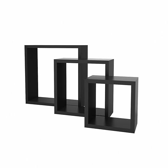 Nisels Wandregal 3er Set Hängeregal Wandboard Holzregal Schweberegal Dekoregal Wüfelregal Bücherregal 15/20/25 cm Schwarz
