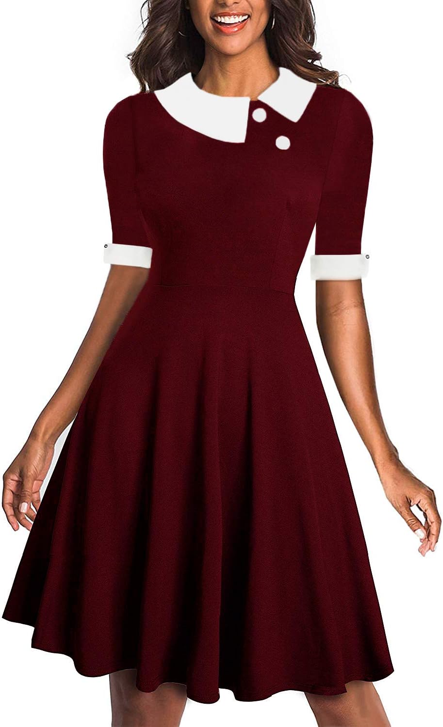 Drimmaks Women's Short Sleeve Doll Collar Buttons Fit and Flare Swing A-Line Party Casual Skater Dress (Wine Red_028, XL)