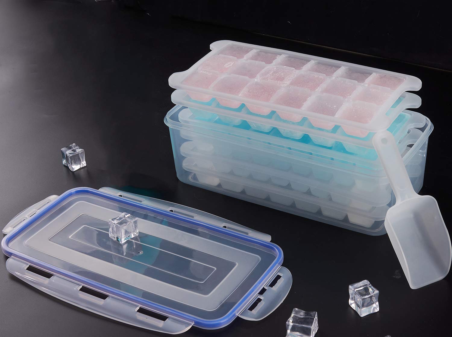 WELUV 1Set-36 Cubes Ice Cube Tray with Lid Ice Cube Moulds Easy Release Ice Maker with Ice Storage Box +Ice Scoop BPA Free Safe for Freezer Baby Food Water Whiskey Fruit Cocktail Ice Mold