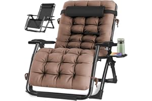 KINGBO Oversized Zero Gravity Chair, Lawn Recliner, Reclining Patio Lounger Chair, Folding Portable Chaise, with Detachable Soft Cushion, Cup Holder, Adjustable Headrest, Support 500 lbs. (32" Brown)