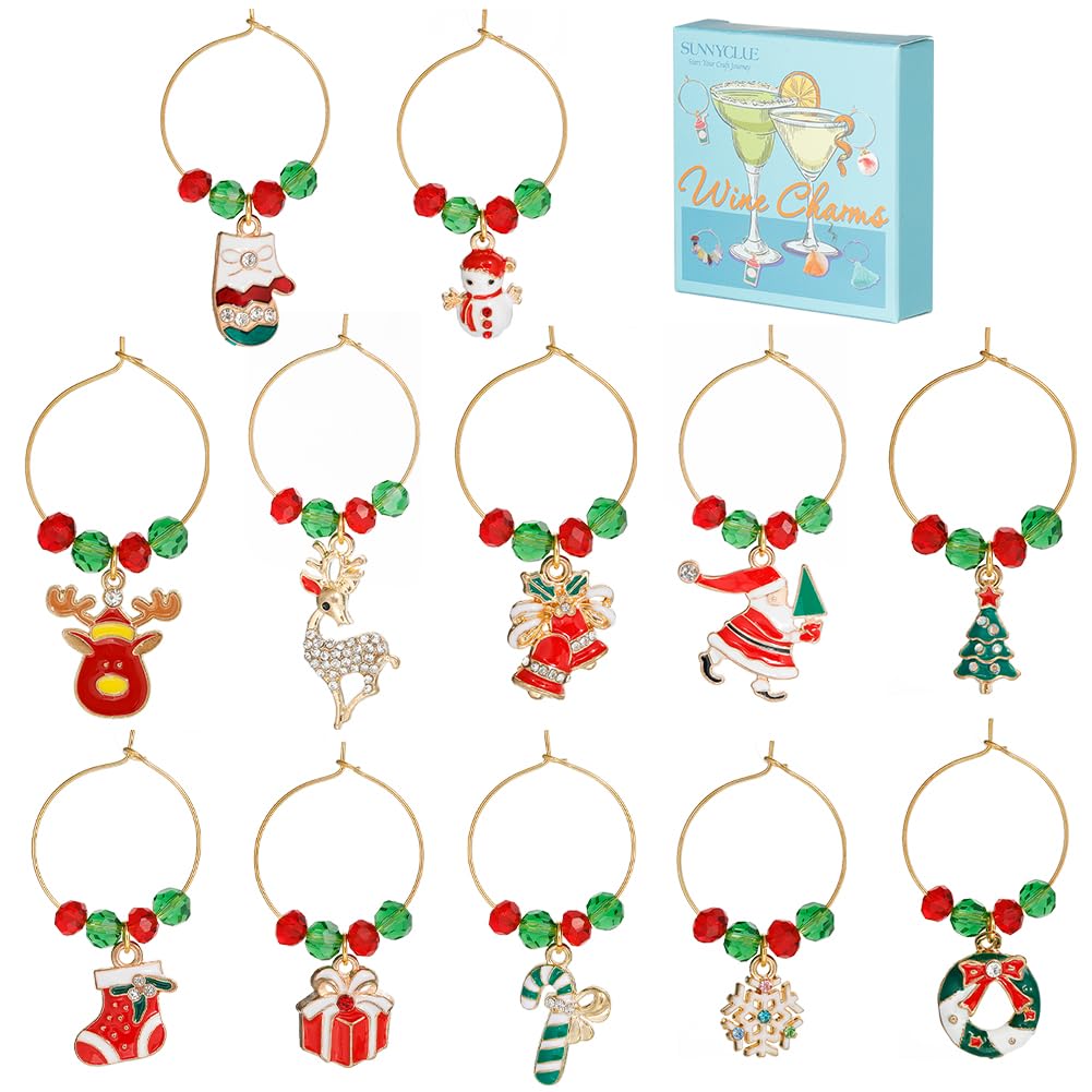 SUNNYCLUE 1 Box 12Sets Christmas Wine Charms Drink Markers Red Green Crystal Glass Bead Wine Glass Beading Rings Santa Claus Charm Identification Drink Identifiers for Party Tasting Favor UK