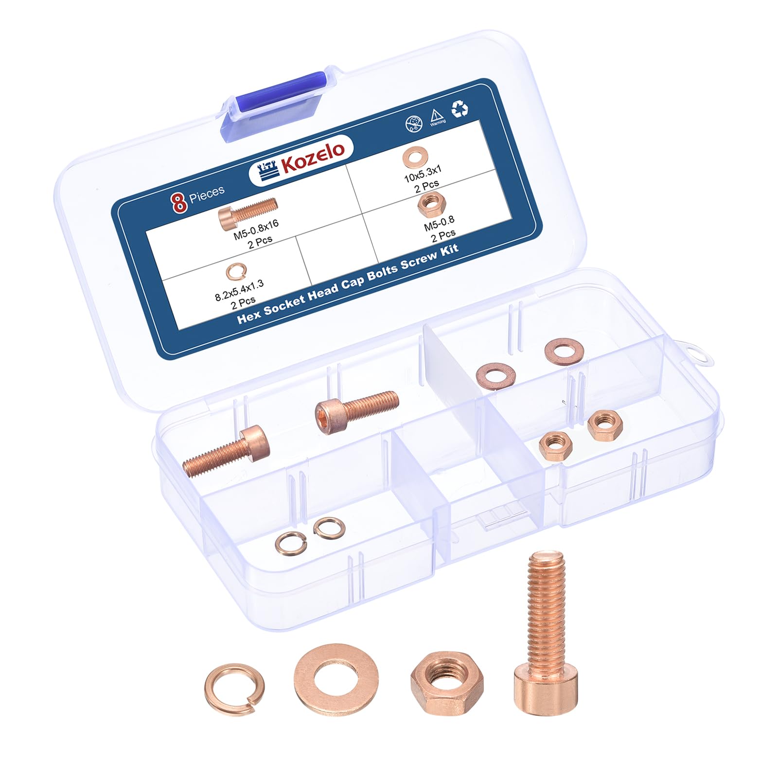 Kozelo 8pcs M5 Socket Head Cap Screws Bolts Nuts Assortment Kit - [M5-0.8x16mm] Red Copper Fully Threaded Hex Screw for 3D Printer Use
