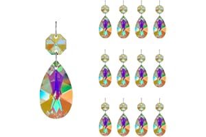 12pcs 38mm Teardrop Crystal Chandelier Prisms Parts with Glass Octagon Beads Chain for Chandeliers, Wedding Party, Christmas Decoration GOLDENHAITAI (AB)