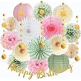 Sage Green Pink Gold Birthday Decorations - Cream Paper Pom Poms, Paper Lanterns, Happy Birthday Banner, Gold Star Circle Dots Hanging Garland for Women Girls Party Decor