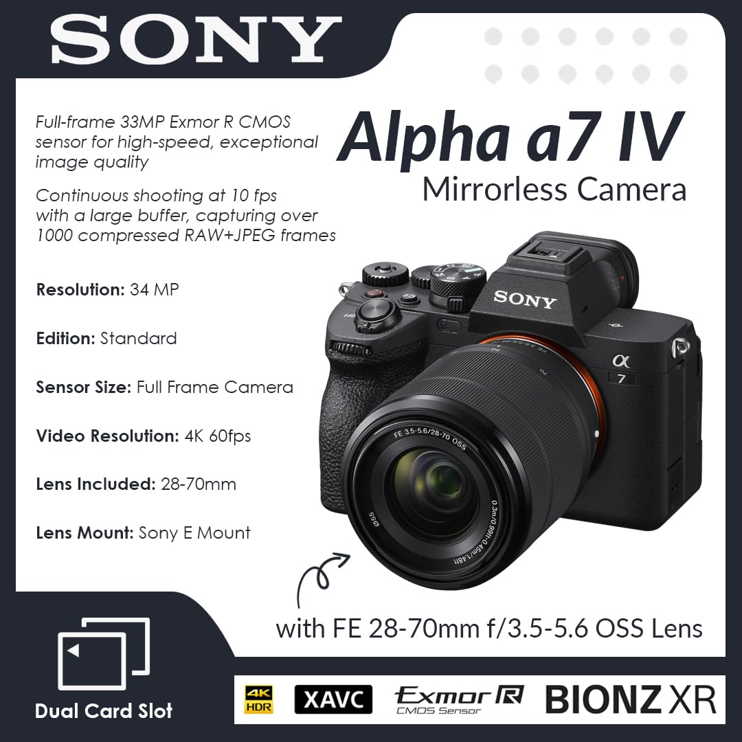 Sony Alpha a7 IV Mirrorless Camera with FE 28-70mm Lens Bundle with 128GB Memory Card, Backpack, Battery Pack, Filter Kit