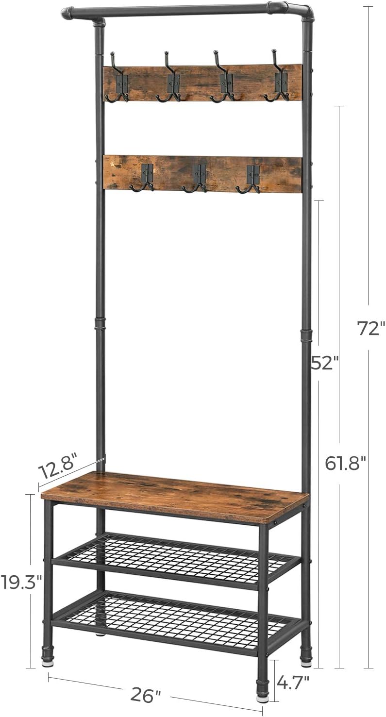 bench shoe rack on Coat Racks Rustic Brown Uhsr37bx Vasagle Urbence Coat Rack Stand With Bench Hall Tree Shoe Rack With 2 Mesh Shelves Easy Assembly Hallway Living Room Metal Industrial Design Home Kitchen