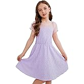 Dugcew Girls Dresses Formal Wedding Party Dress Summer Kids Lace Embroidery Casual Puff Sleeve Mesh A Line Dresses 5-14 Years