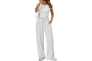 Trendy Queen 2 Piece Matching Summer Sweatsuit Lounge Set Womens Wide Leg Pants Side Ruching Crop Top Sets