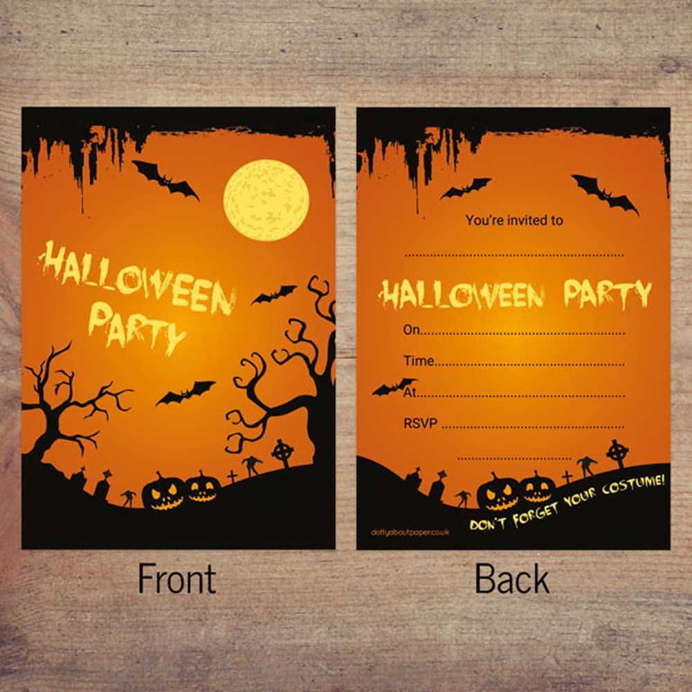 Dotty about Paper Halloween Party Invitations - Graveyard Silhouette - Pack of 10, Halloween Party, Kids Party, Fun, For Boys and Girls. Ready to Write. Envelopes Included