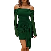 HOCILLE Women's Sexy Off Shoulder Bodycon Mini Dress Mesh Long Sleeve Wrap Tie Waist Ruched Party Dresses, Small, Dark Green
