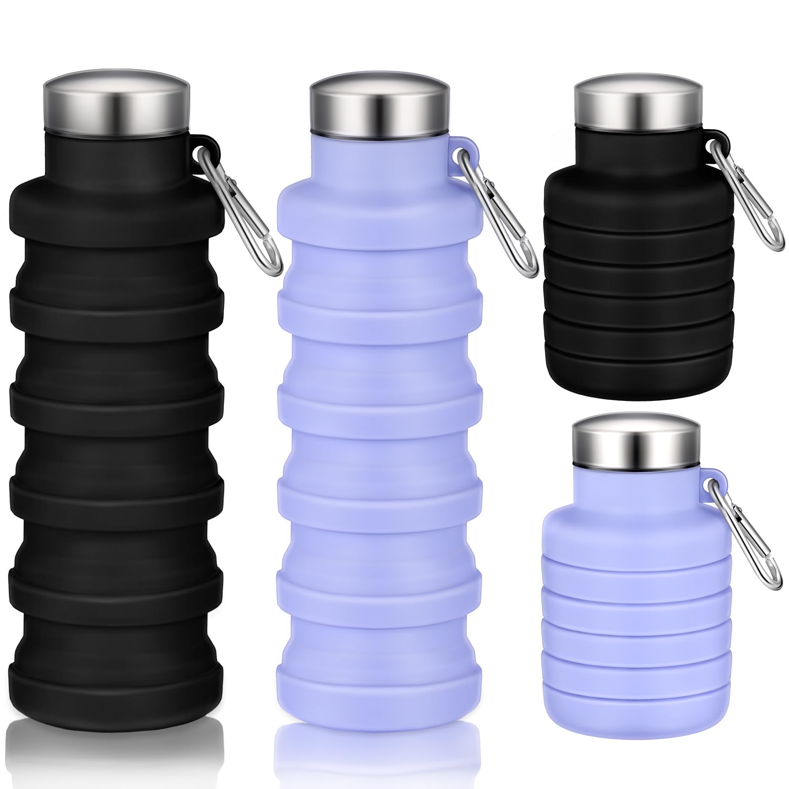 Photo 1 of Baderke 2 Pcs Collapsible Water Bottles 17oz Silicone Travel Foldable Portable Water Bottle with Buckle Silicone Lightweight Reusable Leakproof for Camping Hiking Cycling Sport(Purple, Black)