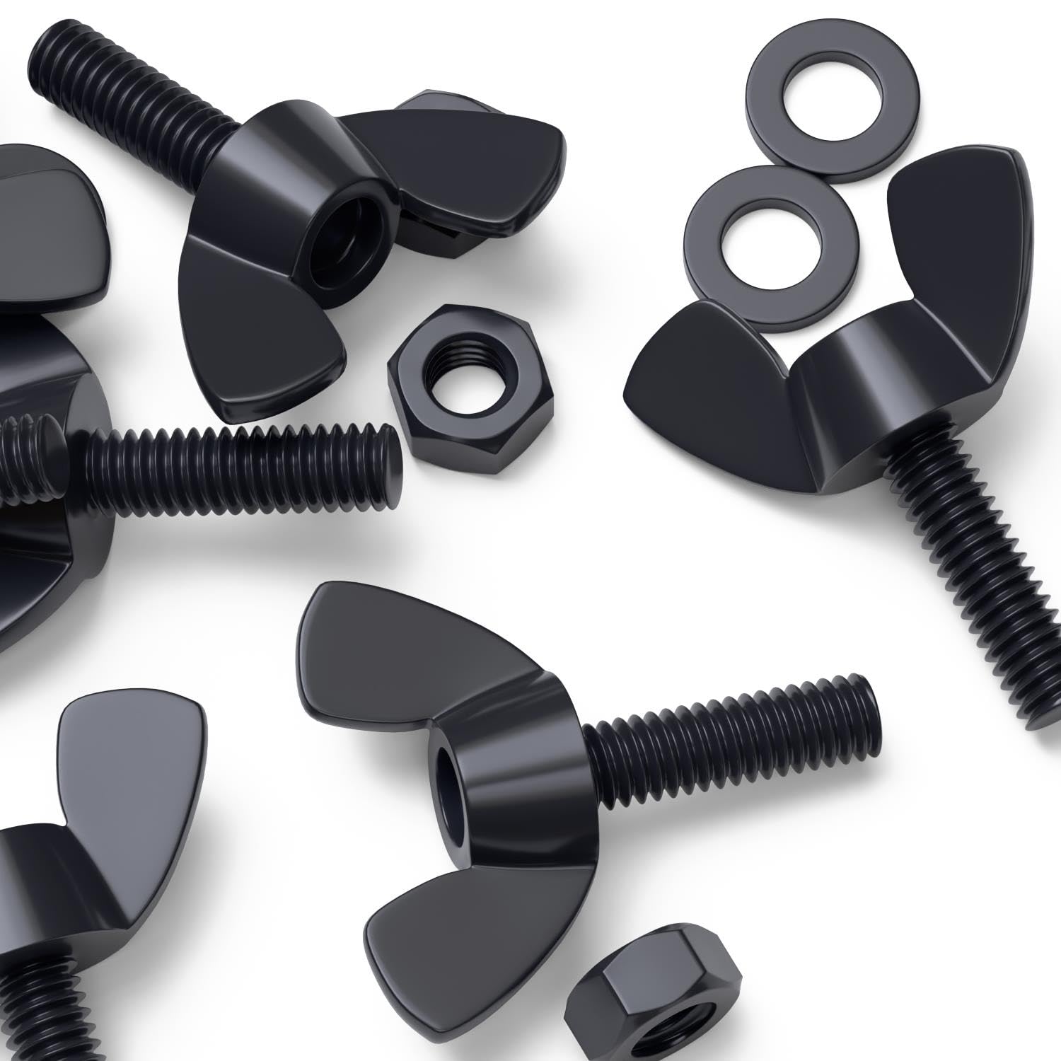 50x Black Nylon Butterfly, Wing Nut with Thread, Machine Screws, Includes Nuts & washers, M6 x 20mm
