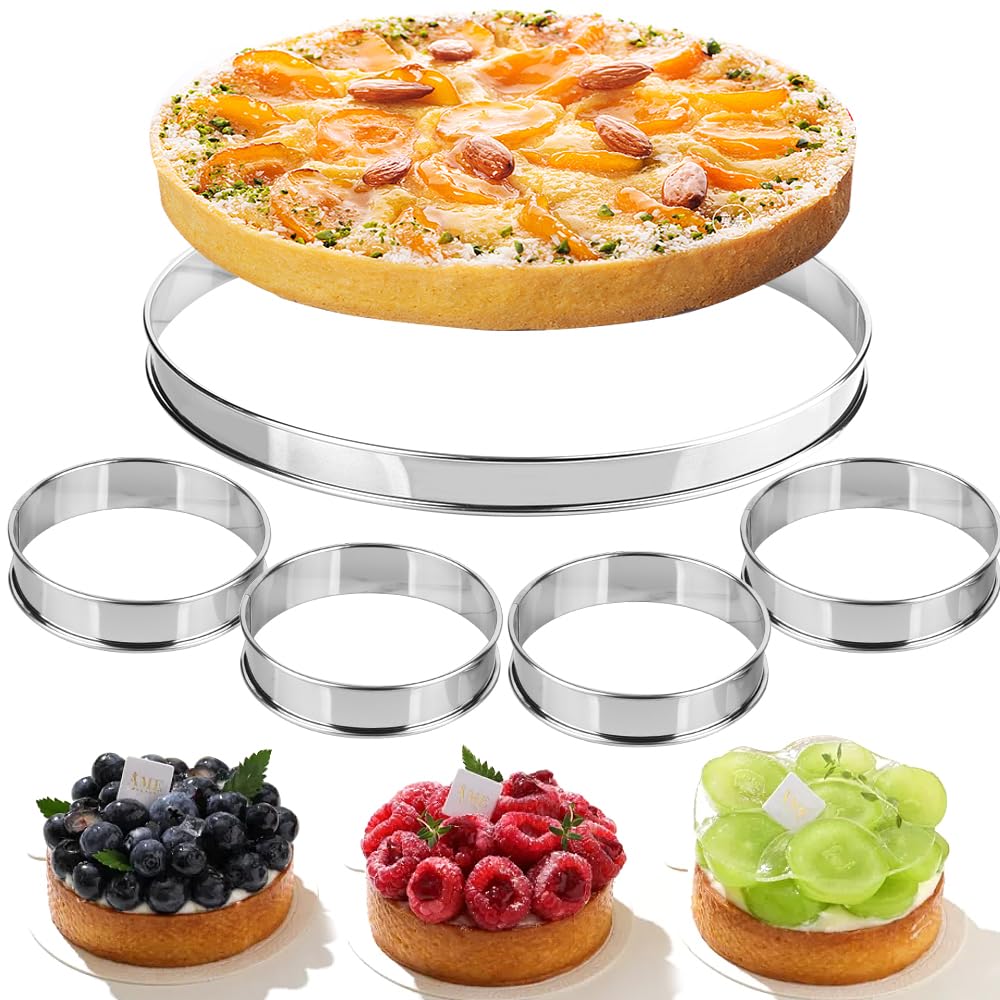 Guowall Crumpet Rings, Circular Double Rolled Edges Tart Rings, Stainless Steel English Muffin Rings for Baking Cooking (5 pcs, 11inch/28cm*1, 3.94inch/10cm*4)