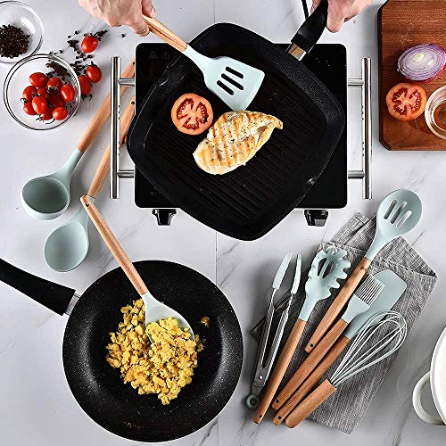 Silicone Cooking Utensils Set by EVULAN – 12 Pieces Natural Wooden Handles Kitchen Cooking Tools with Spatulas for Non Stick Cookware – Silicone Kitchen Utensil Set and Heat Resistant Spatulas