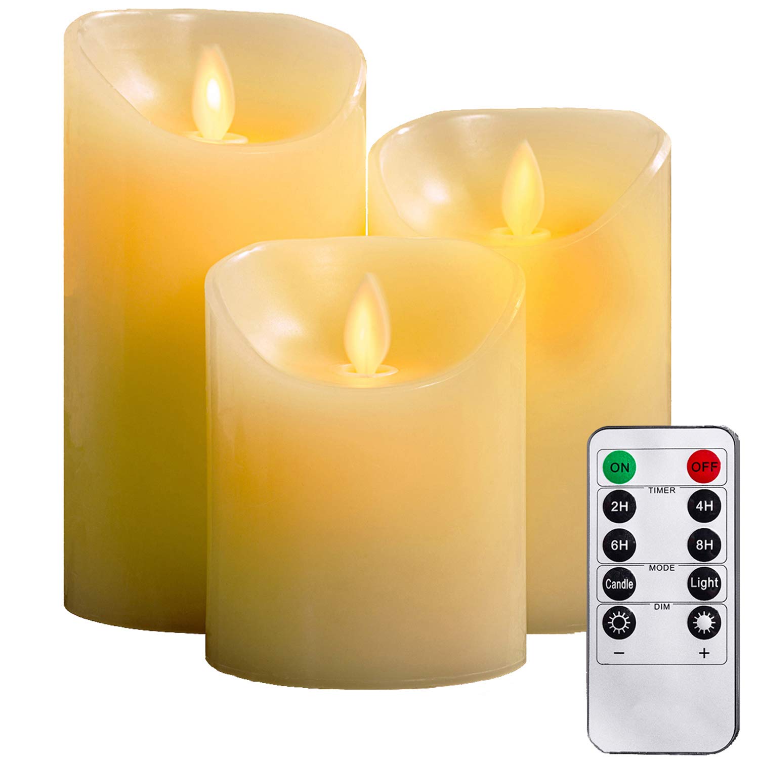 YIWER LED Candles Flameless Candles 4" 5" 6" Real Wax Battery Candle Pillars, 10 Key Remote Control with 24 Hour Timer Function (Ivory,3)