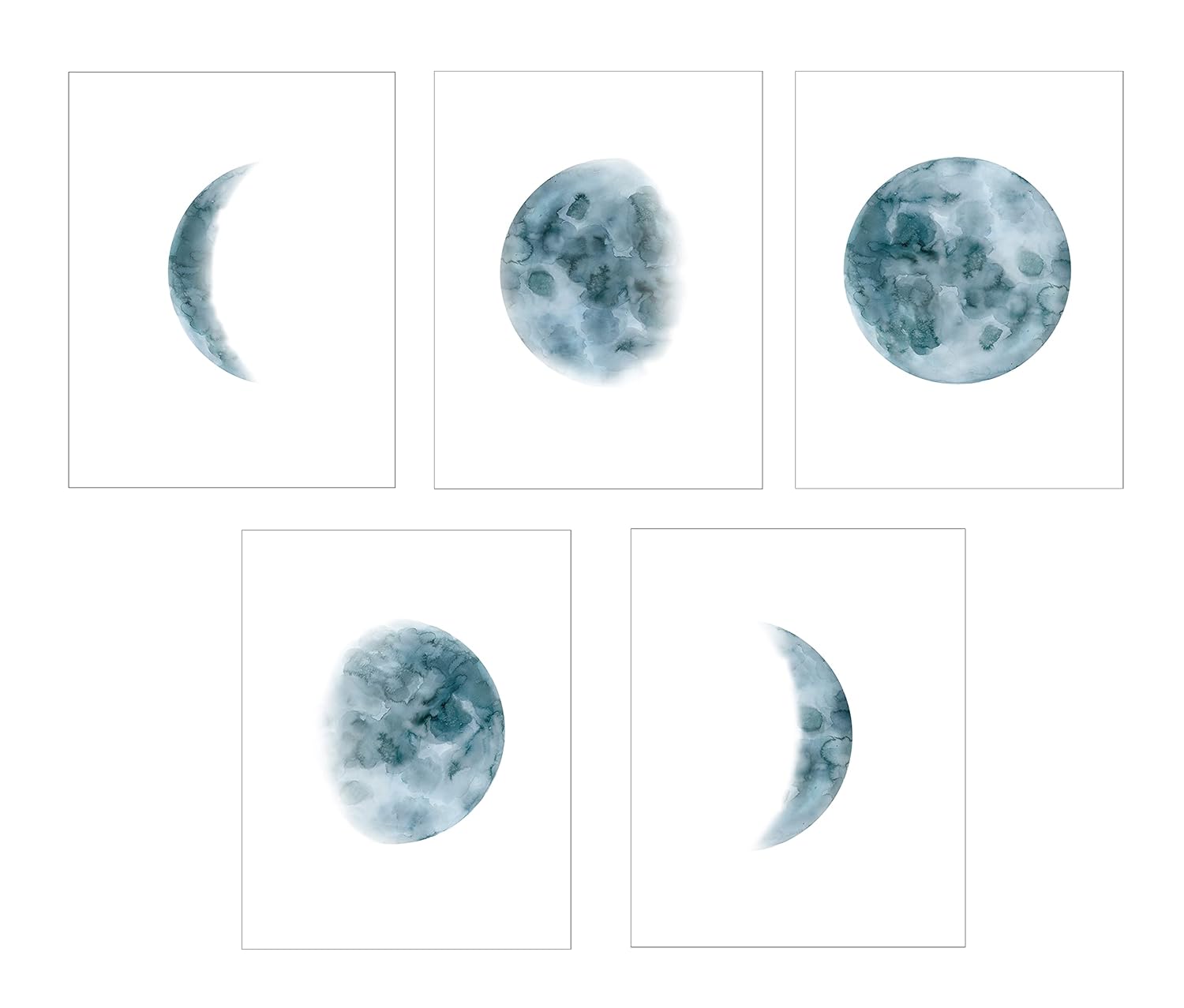 Indigo Blue Moon Phases Wall Art Set Of 5 Prints Hand Made Moon Painting Prints