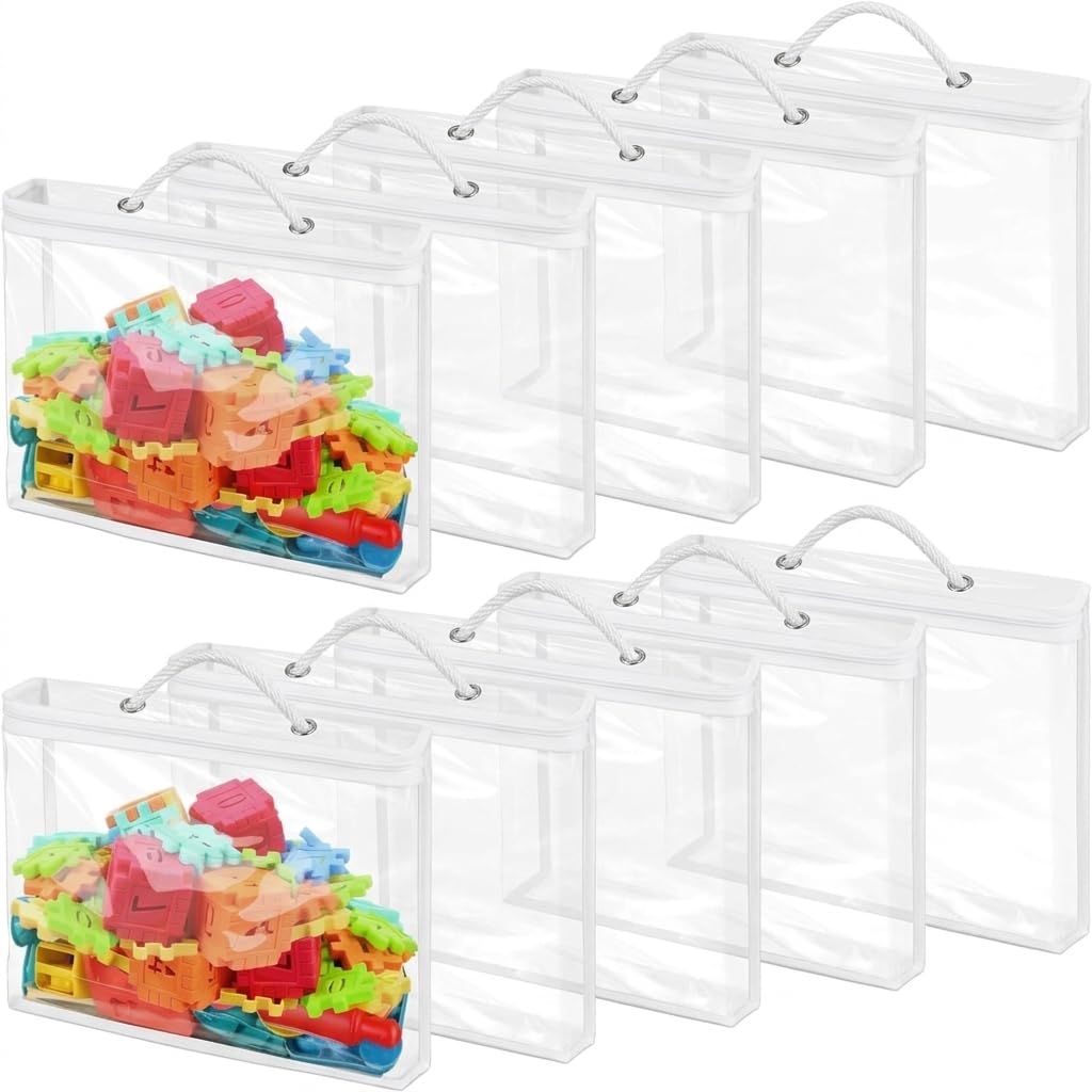 KNGNGK 10 PCS Toy Storage Bags 40x30x10cm Clear PVC Toy Organizing Bags Waterproof & Reusable Toy Storage Organiser Zipper Toy Storaged Bag Clear Tote Bag with Handles for Building Blocks Puzzle