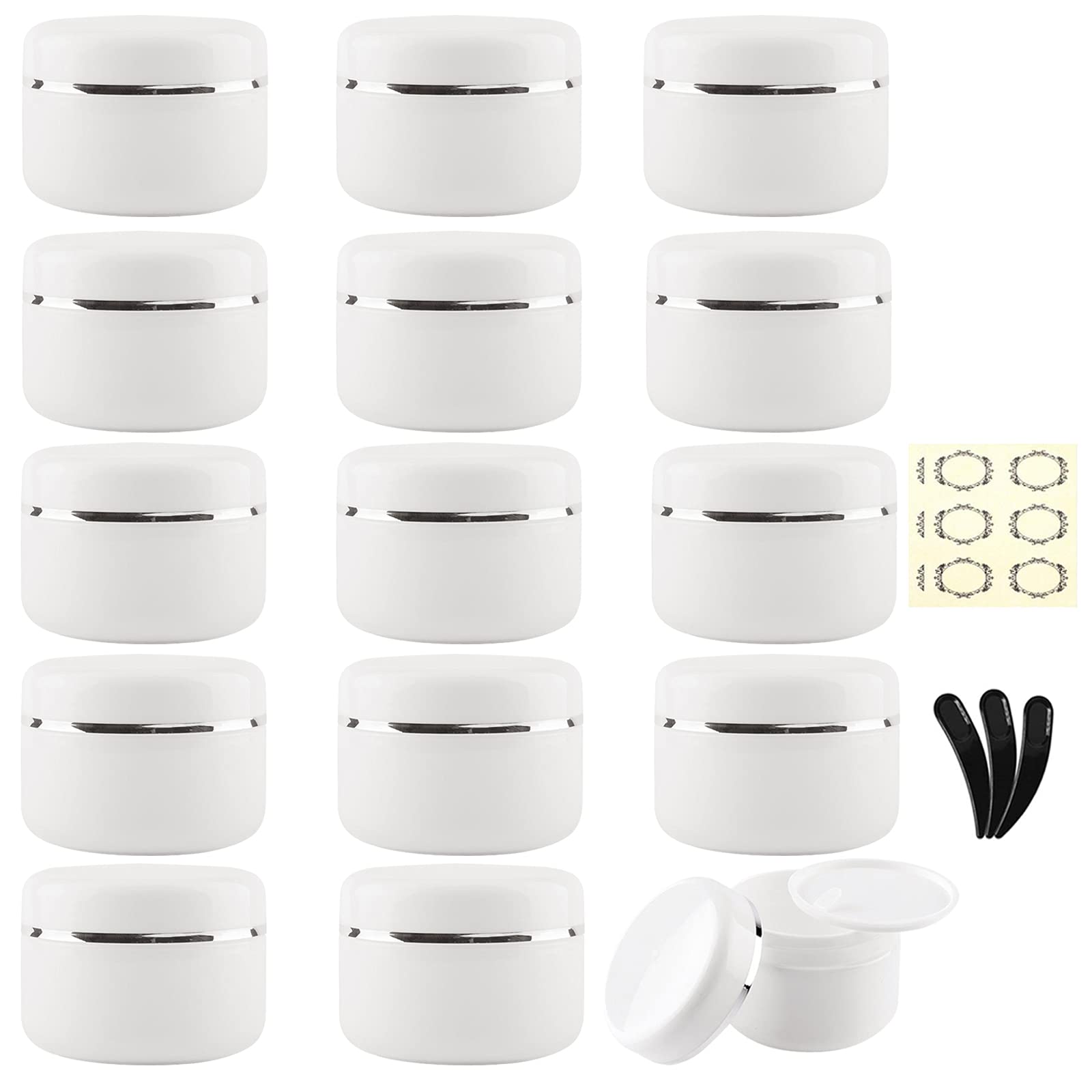 Yalbdopo 15Pcs 30ml/30g White Cosmetic Sample Jars with 3Pcs Mini Spatulas & Labels, Plastic Refillable Travel Pot Containers with Silver Dome Lids & Inner Liners for Makeup Creams Beauty Nails