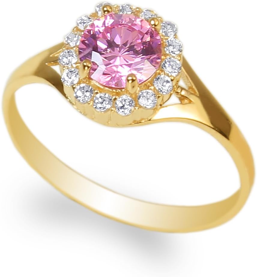JamesJenny Ladies 10K Yellow Gold Stylish Halo Solitaire Ring with 0.7ct Round Pink CZ Size 4-10