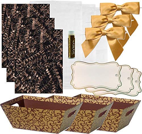 Pursito Gift Basket Making Kit Includes: Chocolate Scroll Market Tray, Crinkle Cut Paper, Cellophane Bag, Gold Satin Bow & Gift Tag -3 Total Sets Birthday, Anniversary & Graduation with bonus Lip Balm