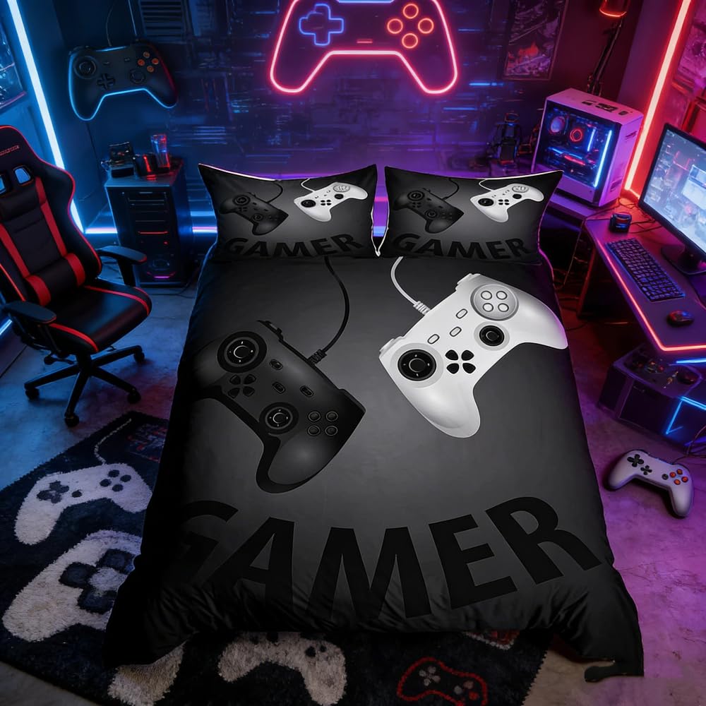 Loussiesd Games Duvet Cover Set for Boys Kids Cartoon Video Game Gamepad Comforter Cover Child Youth Single Size Graffiti Style Bedding Set Novelty Modern Gamer Bedding Cover,2Pcs Room Decor