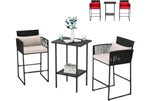 AVAWING 3PCS Patio Wicker Bar Set, Outdoor Bistro Rattan Barstool Furniture, Height Counter Table and Chairs for Backyard, Poolside, Balcony, Steel Frame w/Extra Cushion Covers Beige/Red