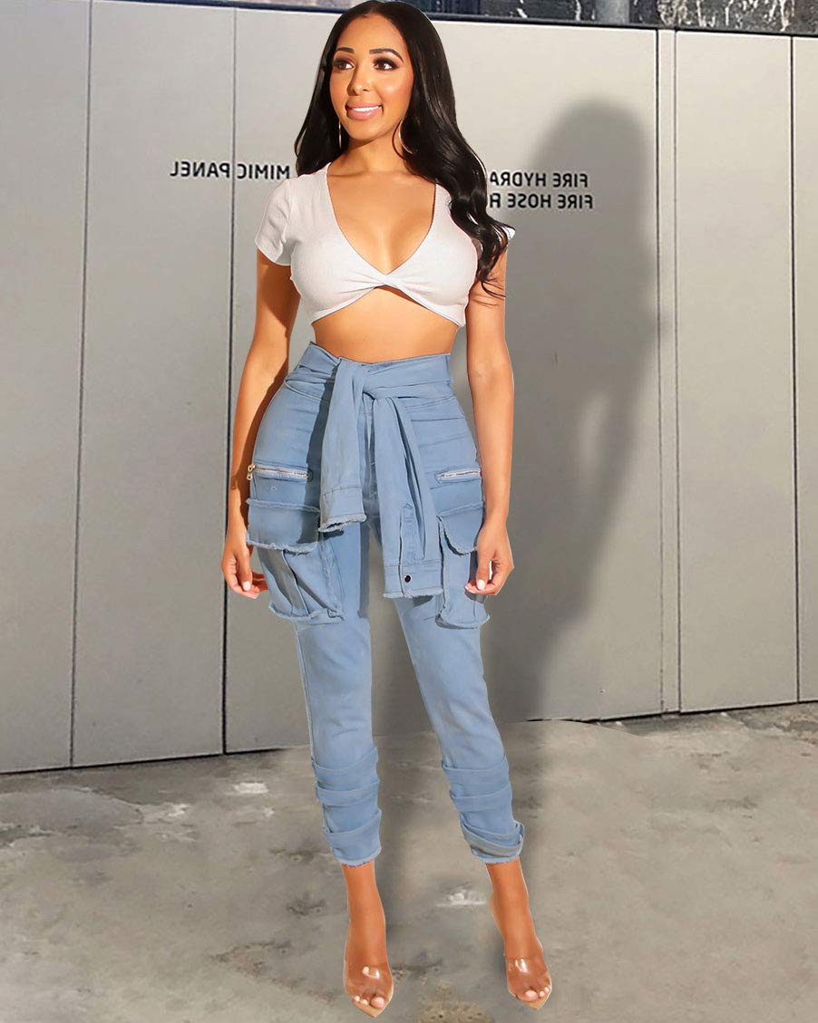 Ophestin Women\'s Ripped Jeans Pencil Pants Denim Pants High Waisted Skinny Leggings Trousers Blue