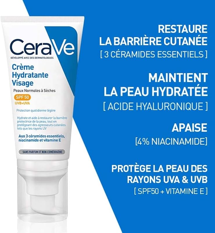 - Crème Hydratante Visage SPF50, Crème Visage et Cou Protège du Soleil et Hydrate, avec Technologie MVE, Acide Hyaluronique, Niacinamide, Soin de jour, Peaux Normales à Sèches