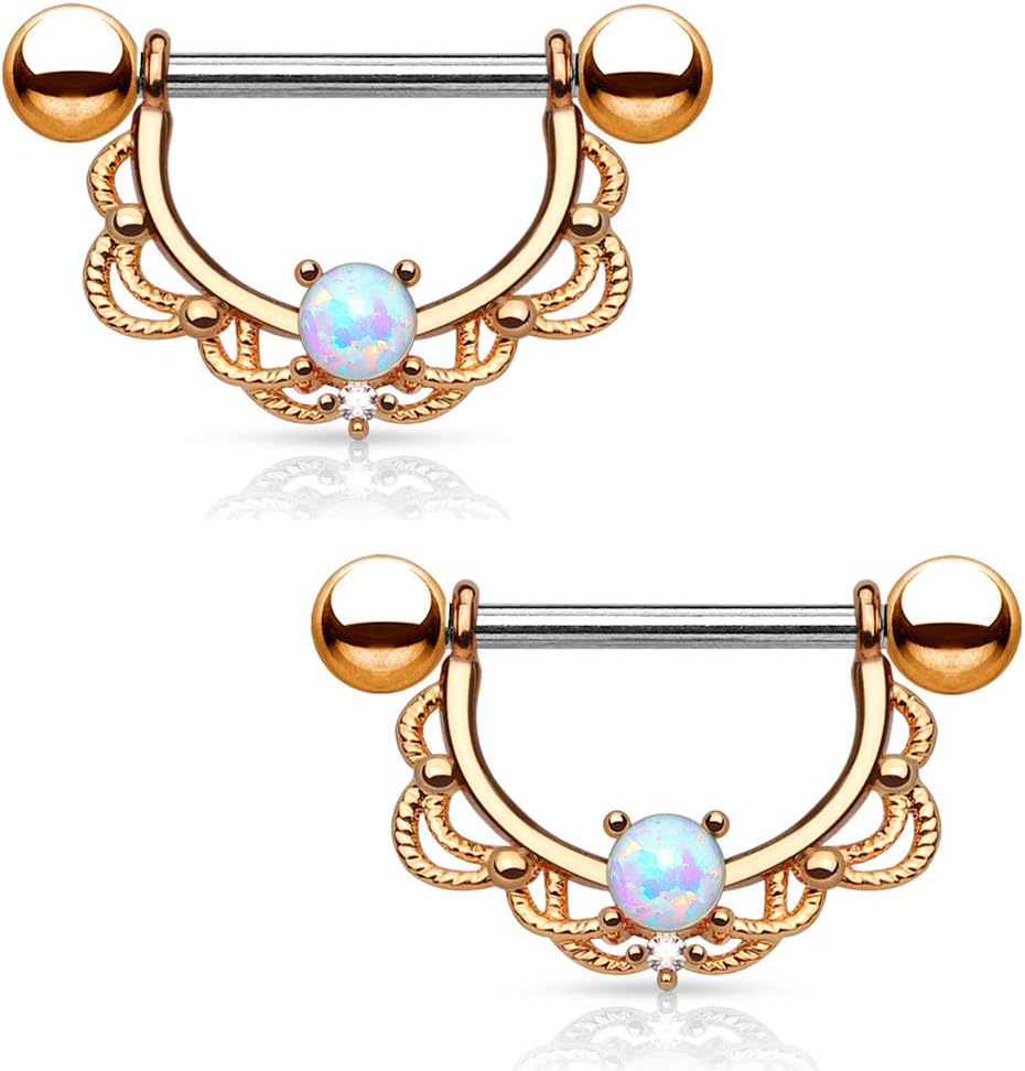DynamiqueOpal Center Filigree Drop 316L Surgical Steel Nipple Ring (Sold Per Pair Or Per Piece)