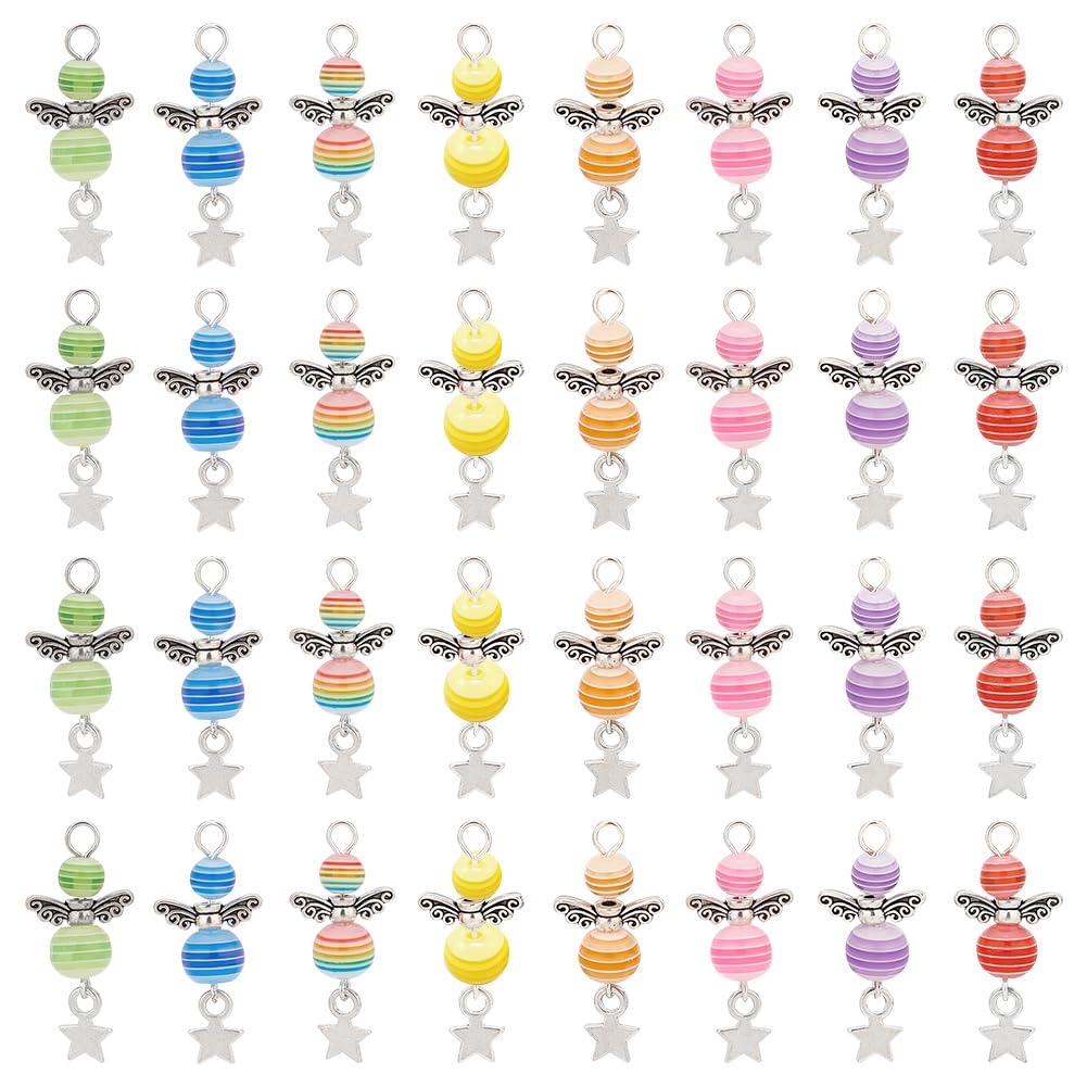 PH PandaHall 32pcs Angel Wing Charm Colorful Angel Wings Pendant Alloy Resin Beads Pendants with Star Angel Wing Beads for Necklace Bracelet Earring Keychain DIY Craft Jewellery Making