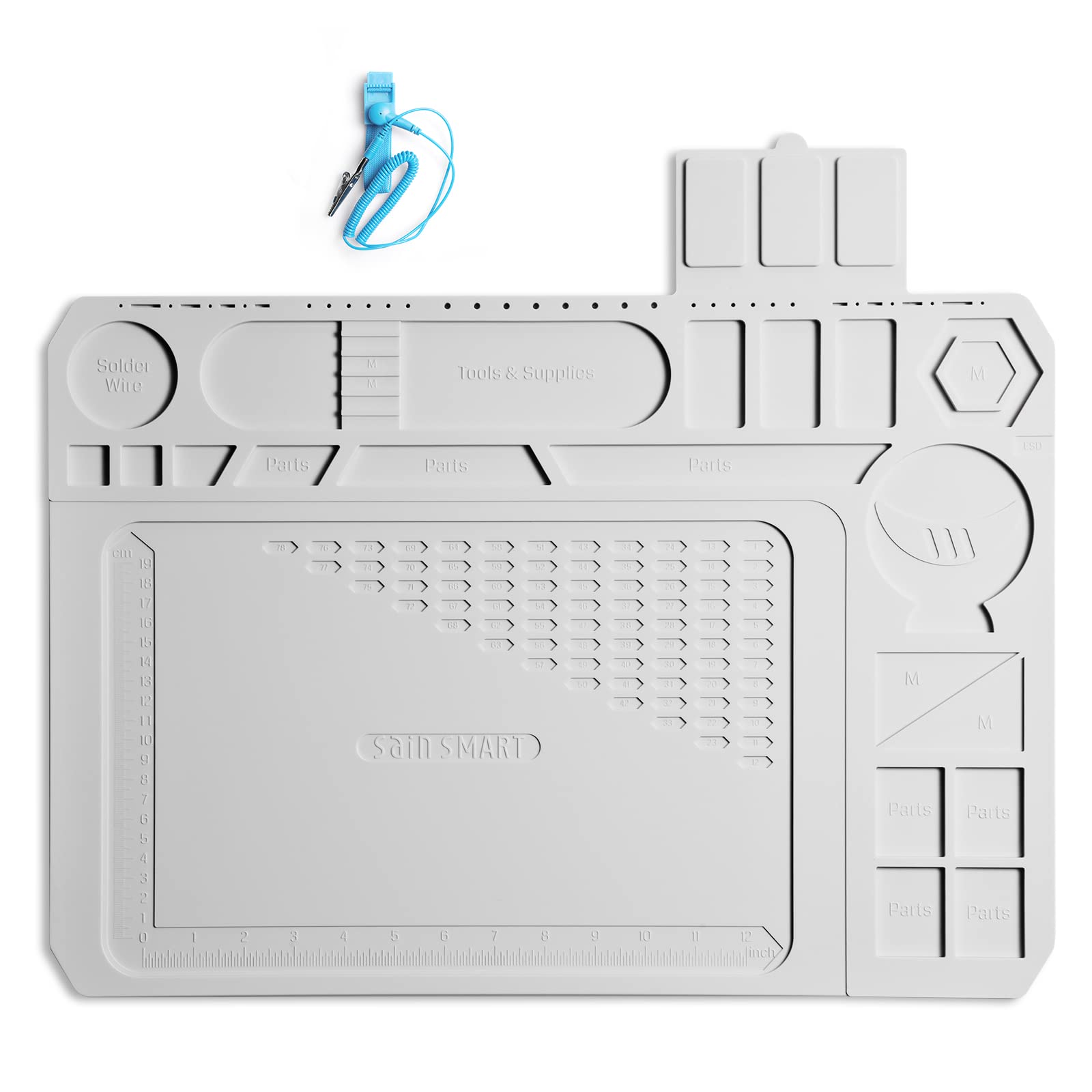 SainSmart 20 x 14 Inch Large Silicone Soldering Mat, 932°F Heat Resistant ESD Safe Mat with Wrist Strap, Anti-Static Magnetic Mat for Soldering, PCB Board, Phone, and Electronic Repair, Grey