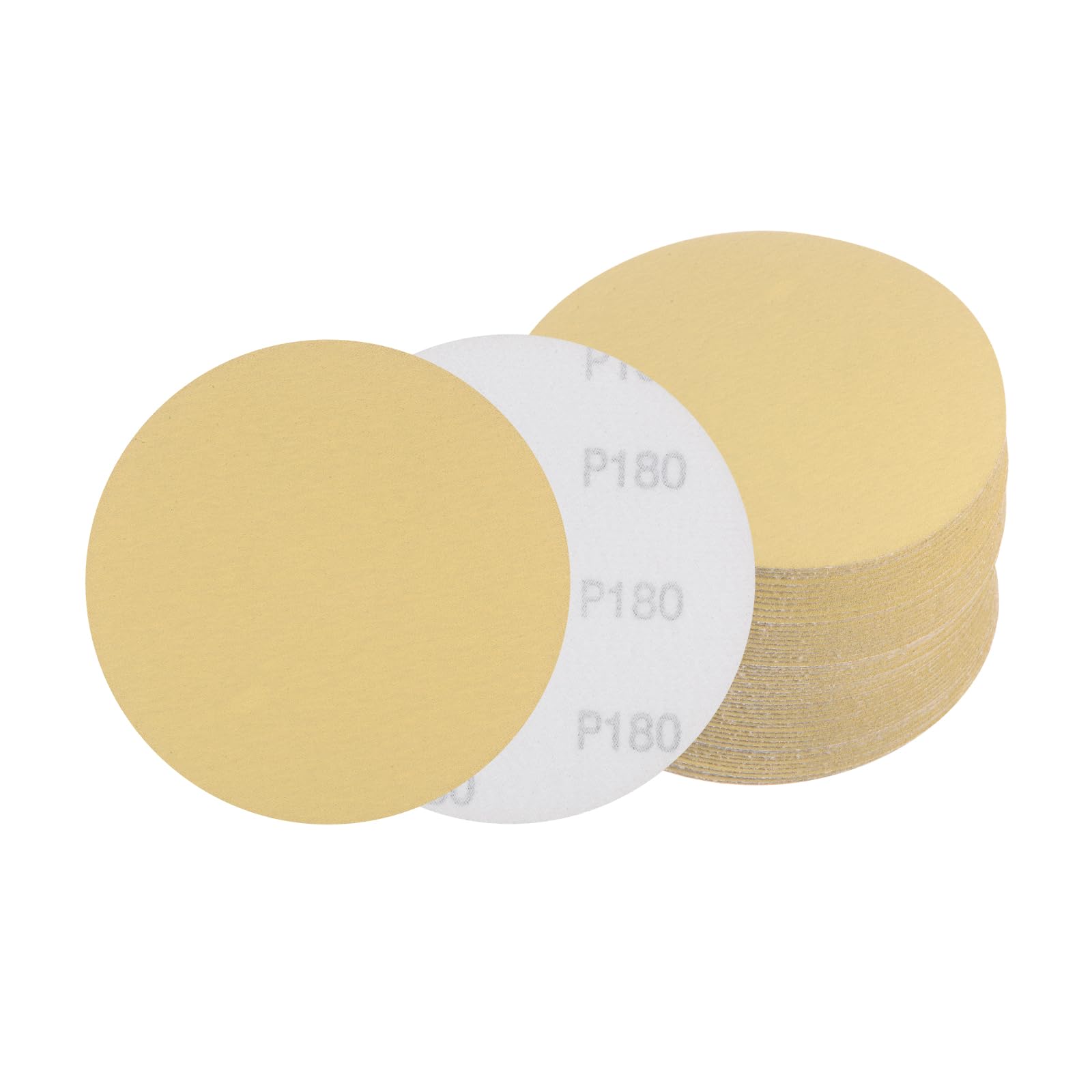 Kozelo 50pcs No Hole Sanding Discs- [ 5 Inch 180 Grit ] Round Hook and Loop Grip Sanding Pads Sheet Sandpaper for Automotive Woodworking Metal Polishing Use| Gold, Aluminum Oxide