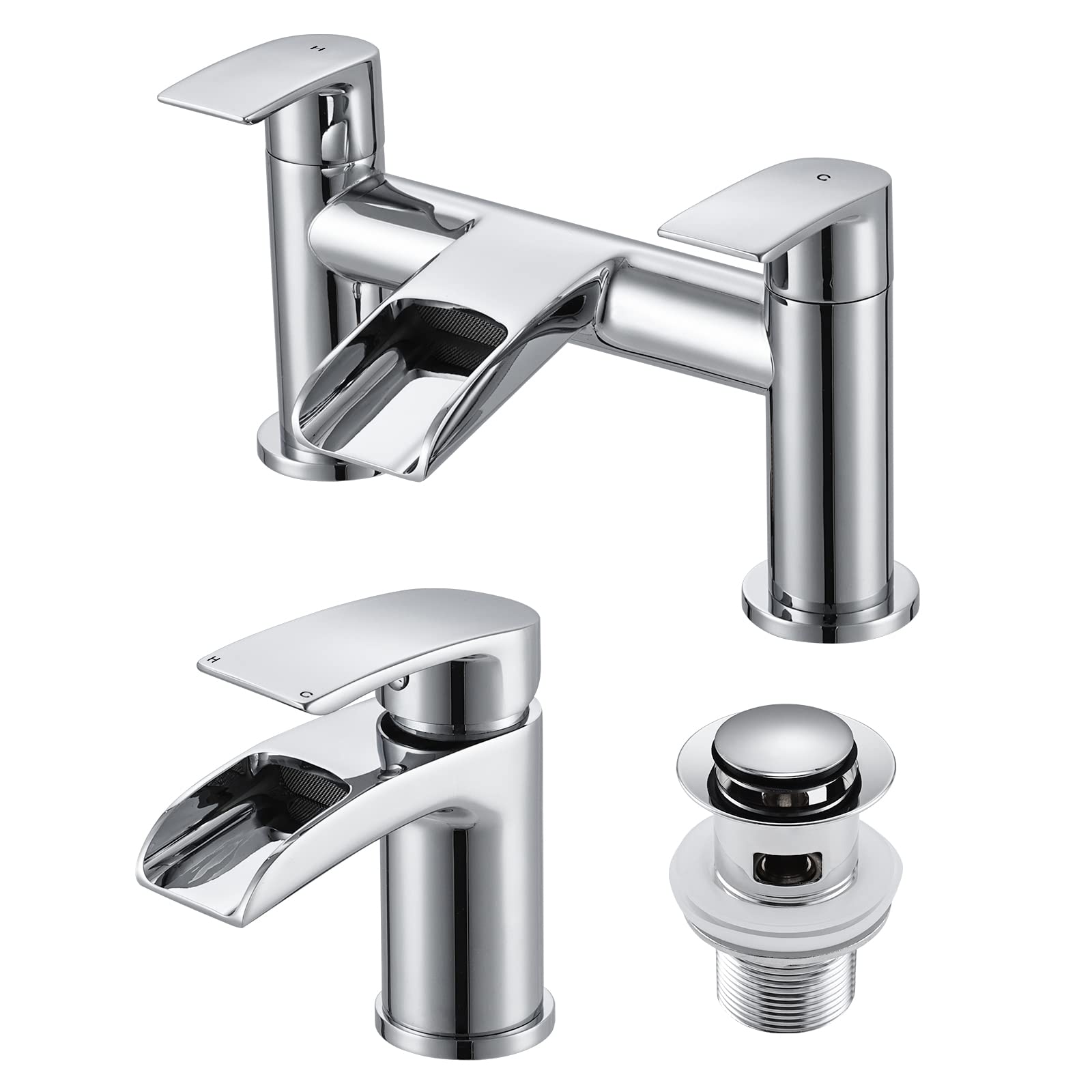 Peppermint Basin Taps with Waste and Waterfall Bath Taps Mixer Filler Tub Tap, Monobloc Bathroom Bathtub and Sink Tap Set with Semi-Open Spout, Chrome