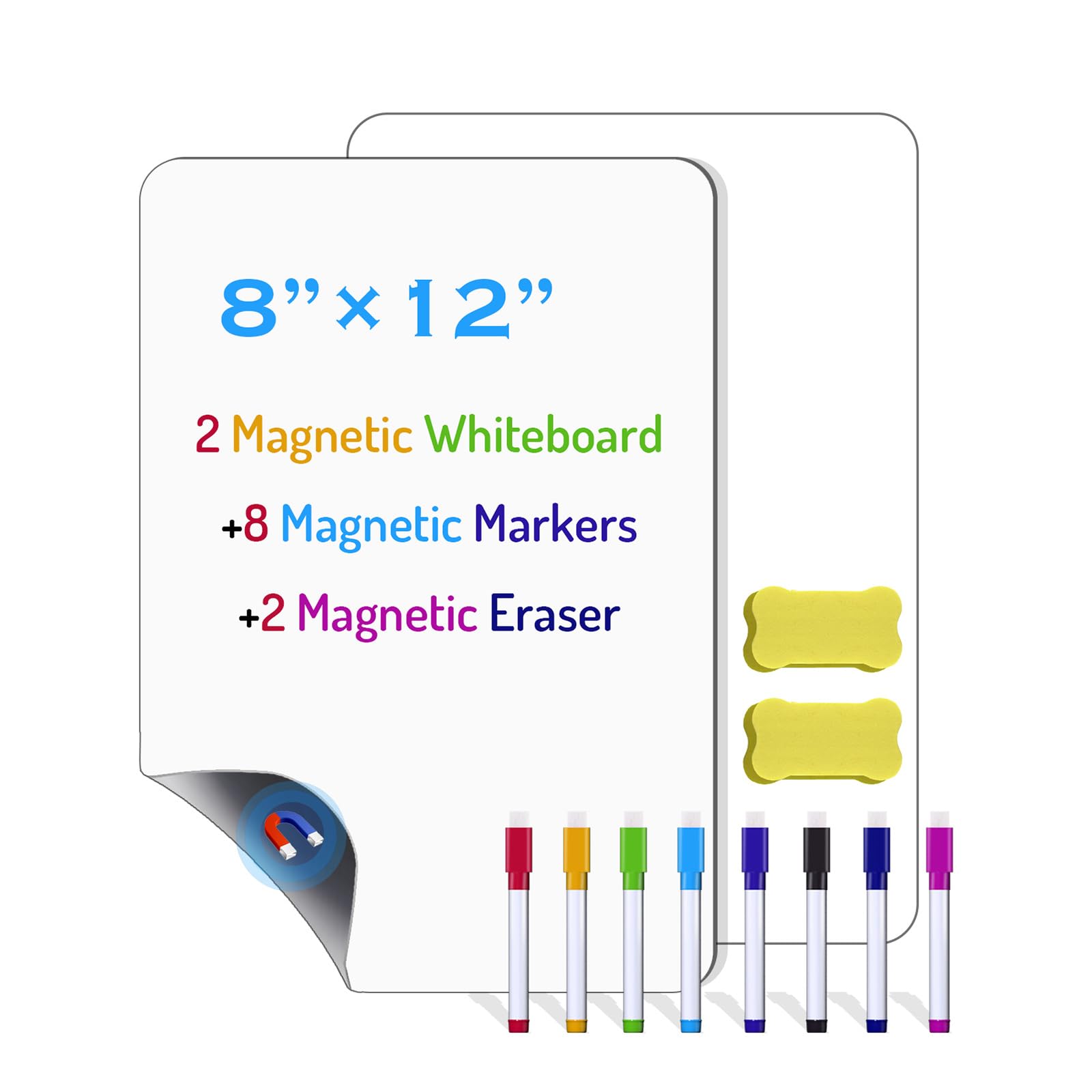 Photo 1 of 2 Pack PET Magnetic Whiteboard for Fridge, Small Magnetic Dry Erase Boards with 8 Markers and 2 Eraser, Reusable Blank Magnet White Board Sheets for Home, Kitchen, Office, Classroom - 12" x 8"