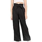 WDIRARA Girl's Paper Bag Waist Belted Wide Leg Pants Casual Elastic High Waist Pants