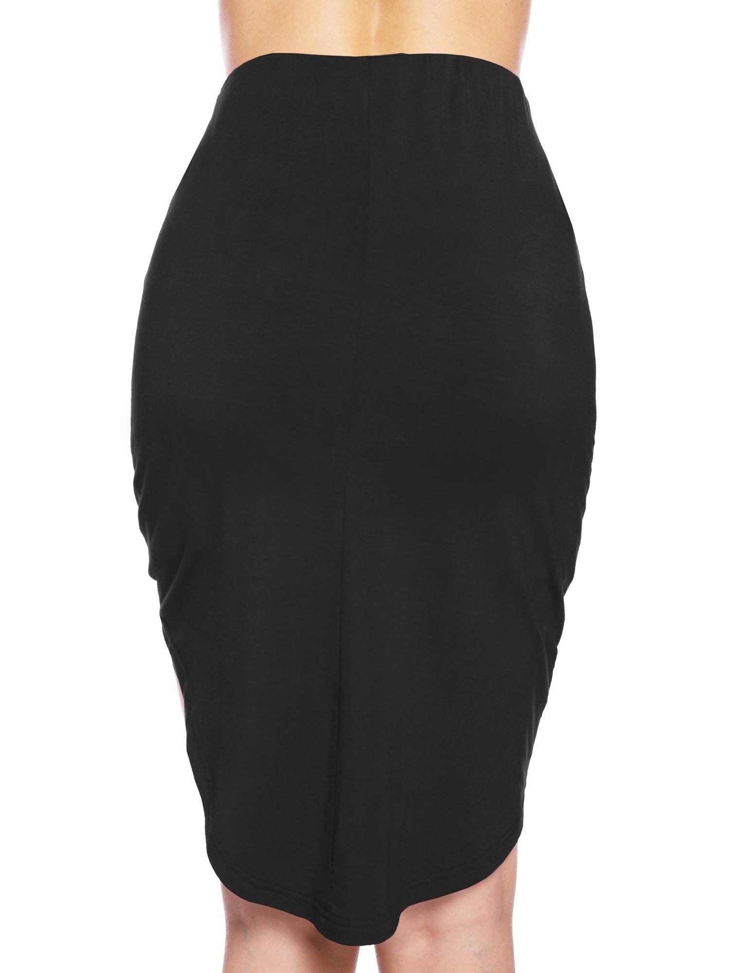 Women Drape Wrap Bodycon High Low Midi Pencil Skirt with Jersey Knit Asymmetrical Hem (Black, S)