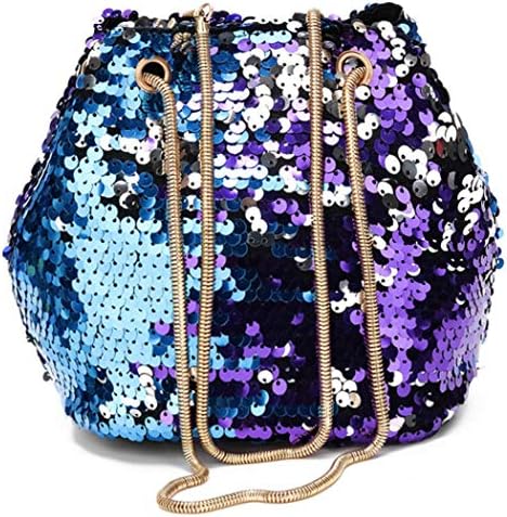 Women Glitter Reversible Sequins Shoulder Bag Small Drawstring Bucket Bag Chain Bag Handbag